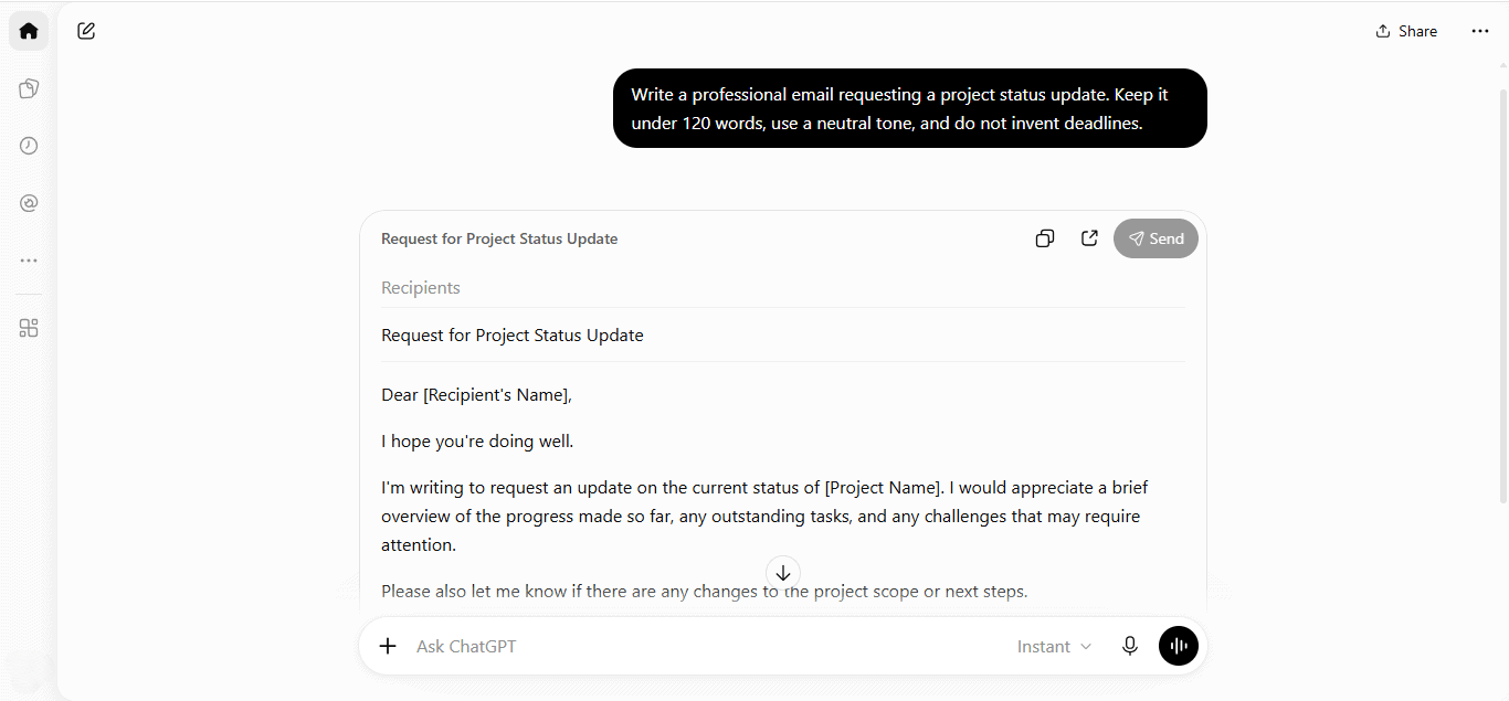 ChatGPT web interface showing an example AI writing conversation.