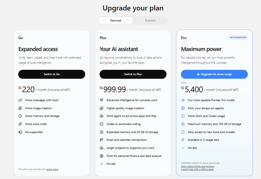 Official ChatGPT pricing page showing available subscription plans and included features.