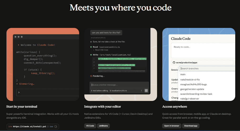 Claude Code official page showing terminal integration, VS Code and JetBrains editor support, and browser access.