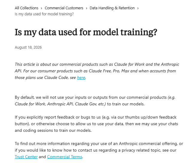 Anthropic’s commercial data policy explaining default model-training restrictions and exceptions for feedback or permission.