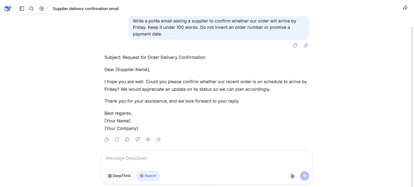 DeepSeek AI chat showing an example of drafting a professional supplier email from a user prompt