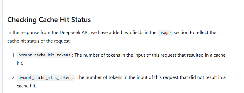 DeepSeek context caching documentation explaining prompt cache hit and cache miss token usage fields