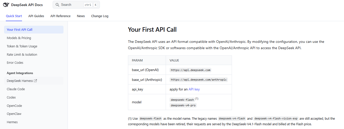 DeepSeek API documentation showing base URL, API key setup, and available model identifiers