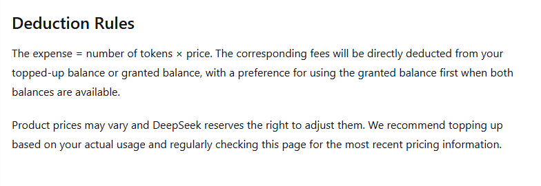DeepSeek API documentation explaining balance deductions and the priority given to granted balance