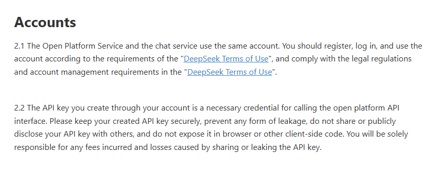 DeepSeek Open Platform terms warning against sharing API keys or exposing them in client-side code