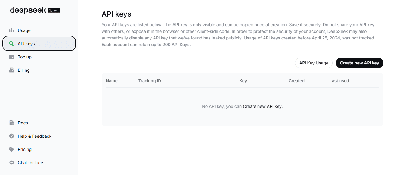 DeepSeek developer platform API Keys page showing where users can manage their API credentials