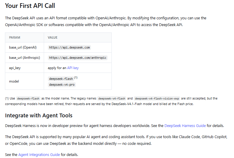 Official DeepSeek API documentation showing deepseek-flash and deepseek-v4-pro model IDs.