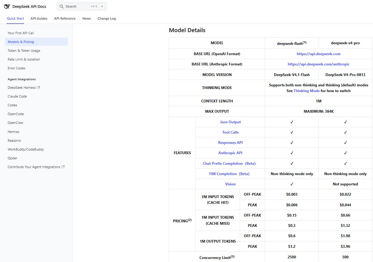 Official DeepSeek API pricing table comparing deepseek-flash and deepseek-v4-pro token rates