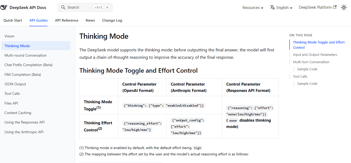 Official DeepSeek API documentation showing thinking mode controls and reasoning effort settings