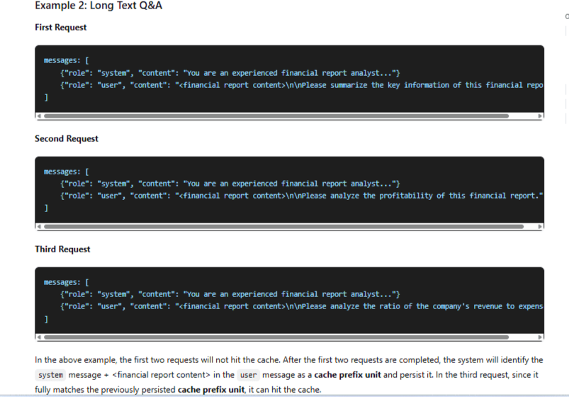 Official DeepSeek context caching example showing three document analysis requests with a reusable shared prefix