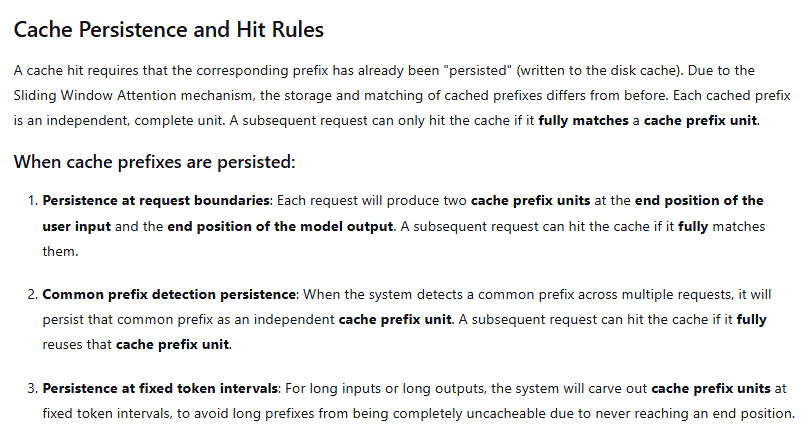 DeepSeek official documentation explaining cache prefix persistence and cache hit matching rules