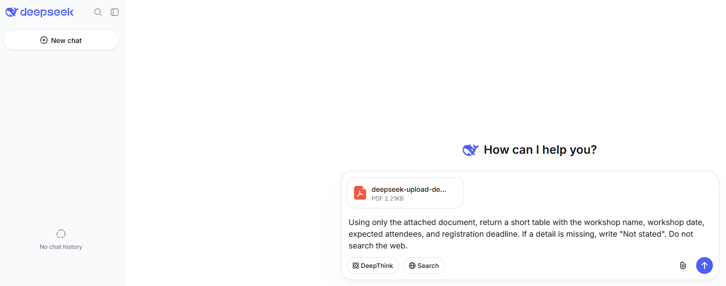 DeepSeek Chat showing an attached PDF document and a file analysis prompt before submission