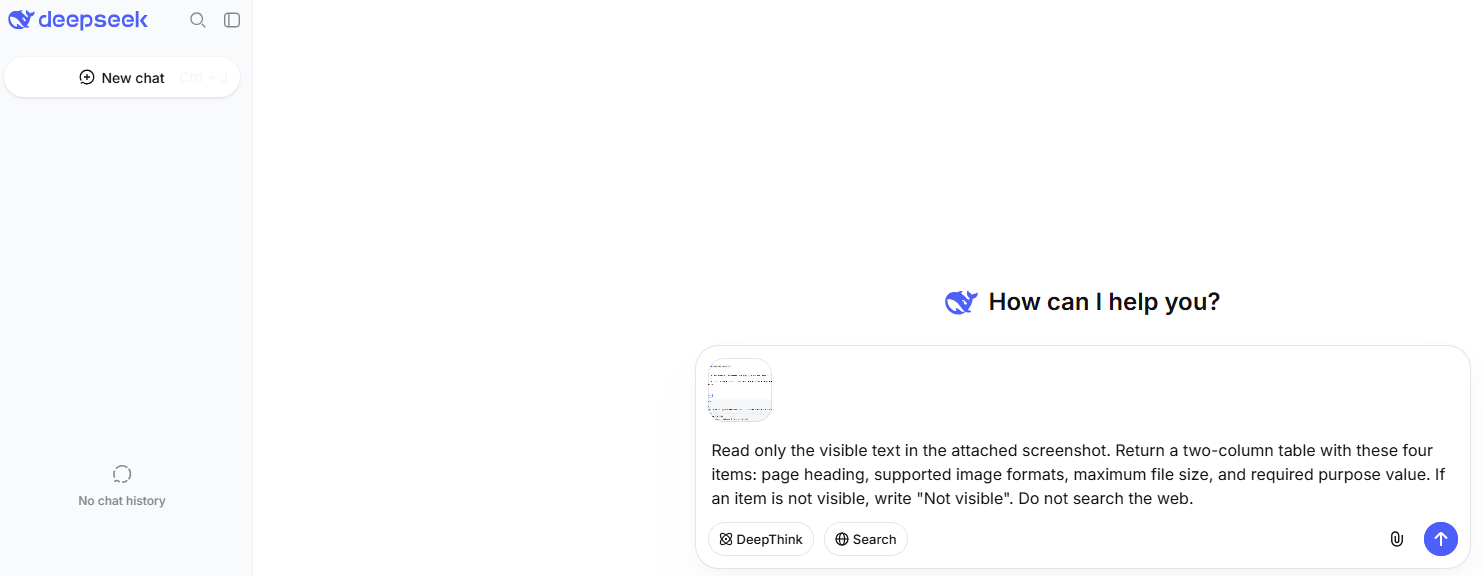 DeepSeek Chat showing an attached screenshot and an image-reading prompt before submission