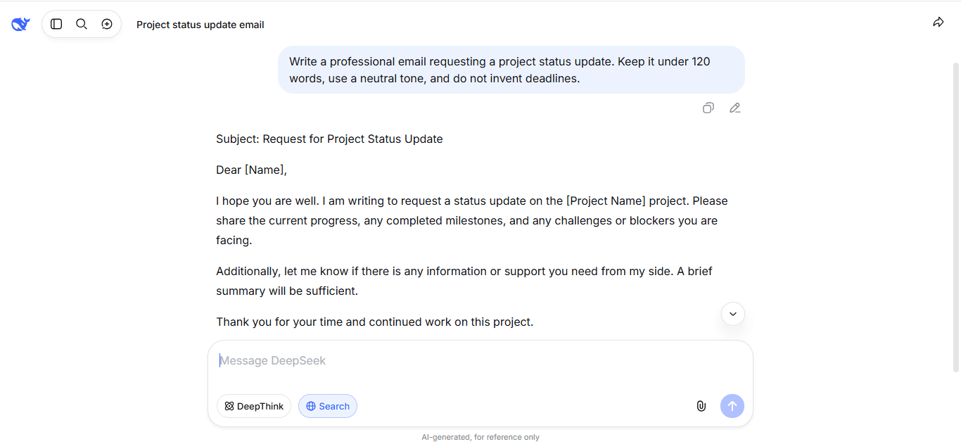 DeepSeek Chat web interface showing the same example writing prompt.