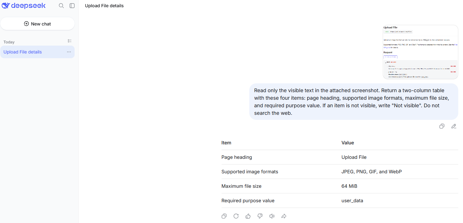 DeepSeek Chat extracting supported image formats, file size limit, and purpose from an uploaded screenshot