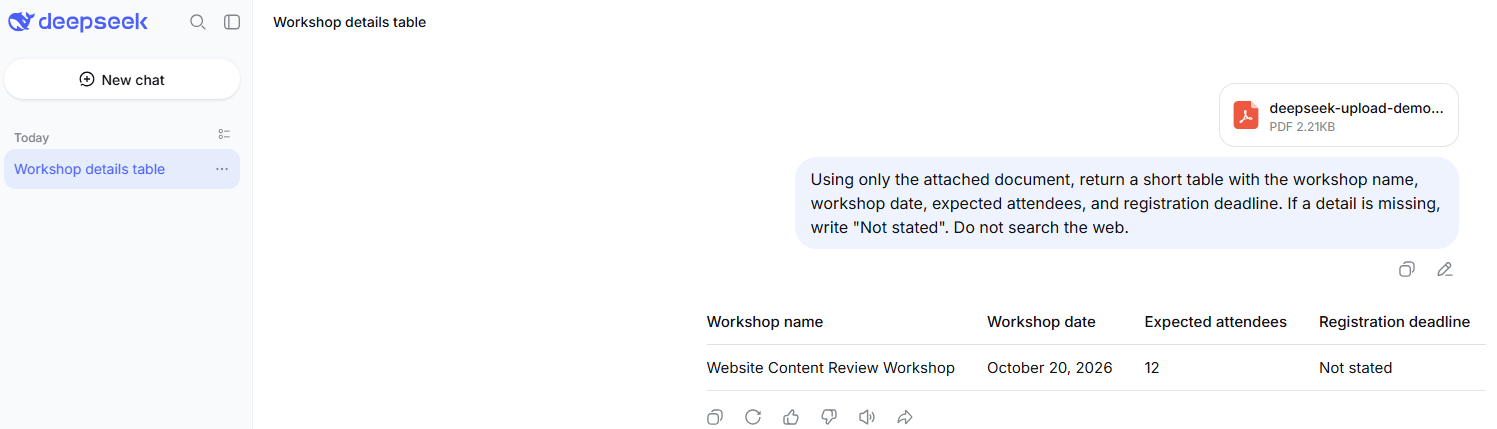 DeepSeek Chat extracting workshop details from an uploaded PDF document into a table