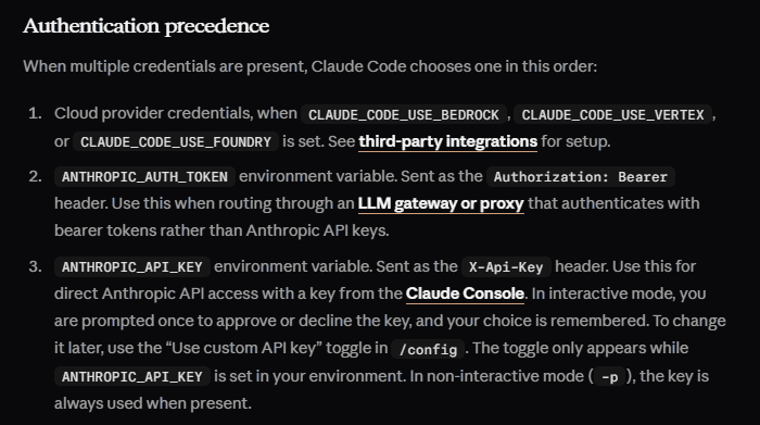 Claude Code documentation showing authentication priority and the headers used by ANTHROPIC_AUTH_TOKEN and ANTHROPIC_API_KEY.