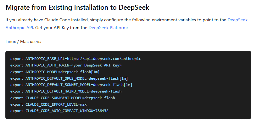 DeepSeek documentation showing Claude Code environment variables for Linux and macOS.