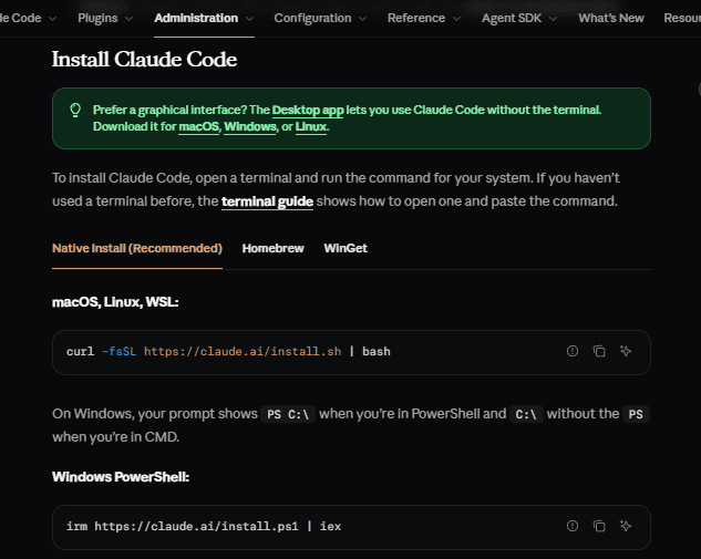 Claude Code documentation showing native installation commands for macOS, Linux, WSL, and Windows PowerShell.