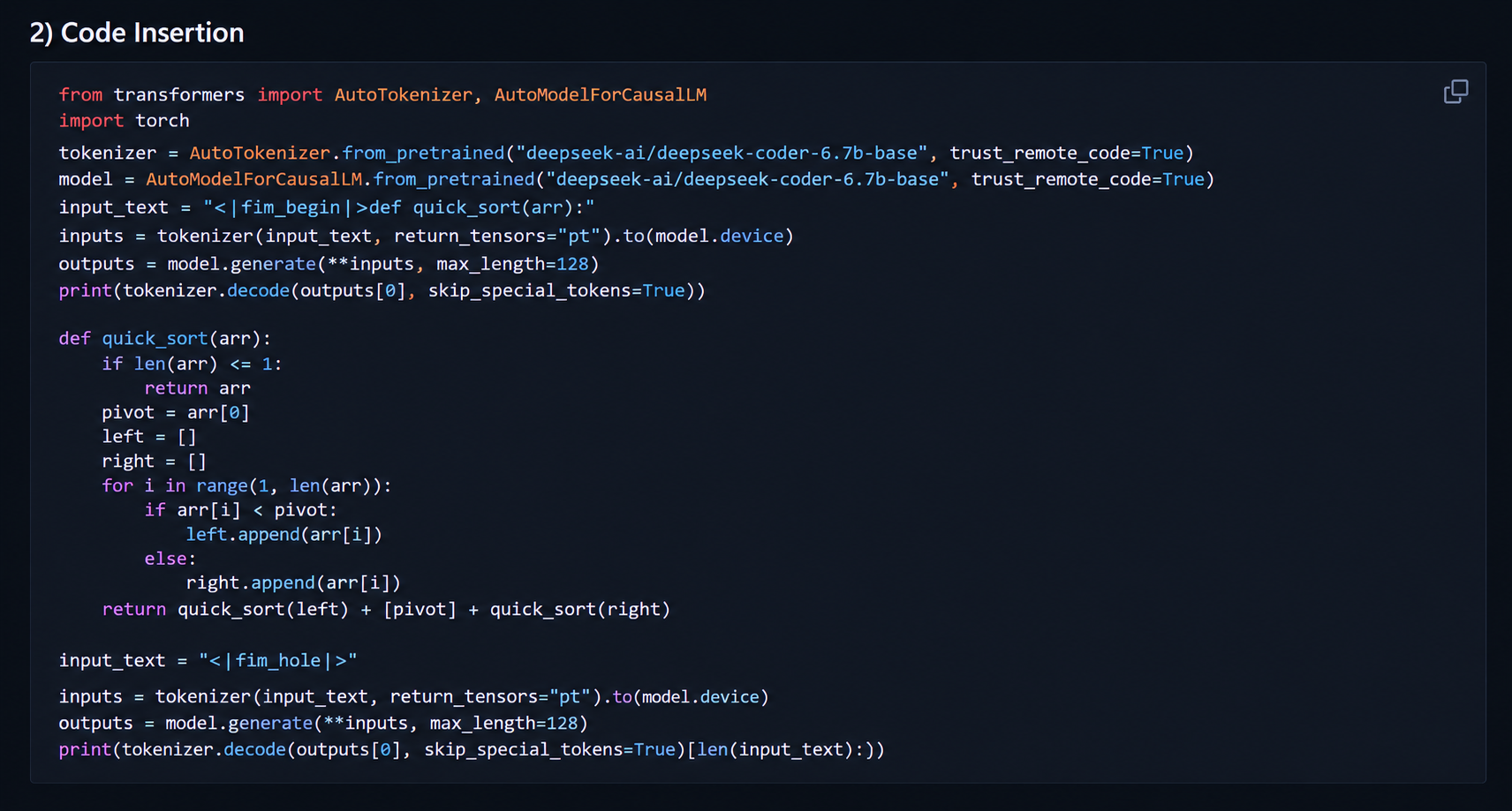 DeepSeek Coder official Python example demonstrating fill-in-the-middle code insertion using FIM tokens.