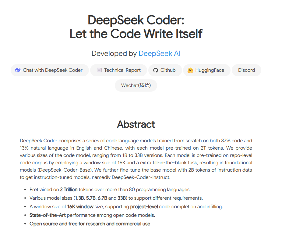 DeepSeek Coder official website showing model sizes, 2 trillion training tokens, and 16K context window.