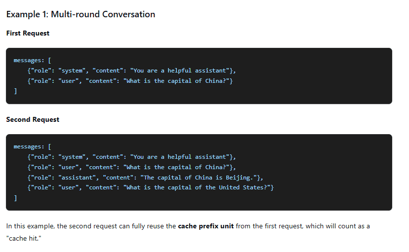 Official DeepSeek multi-round conversation example showing how repeated messages can reuse a cached input prefix