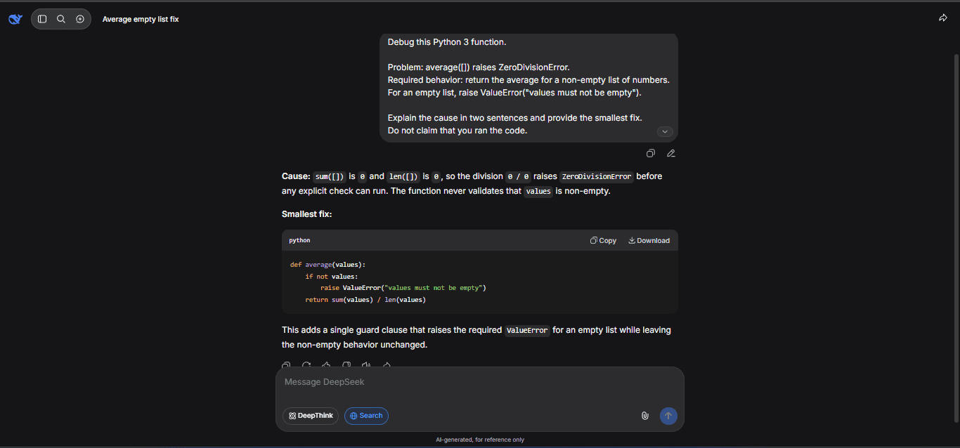 DeepSeek explaining a division-by-zero error in a Python average function and suggesting an empty-list check.