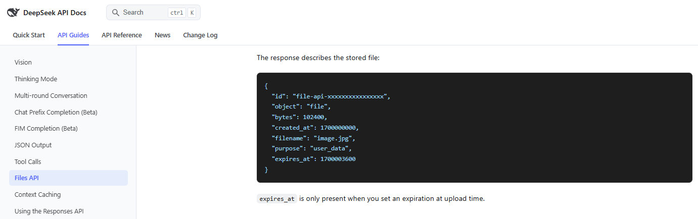 DeepSeek Files API documentation showing an example response with file ID, filename, and purpose