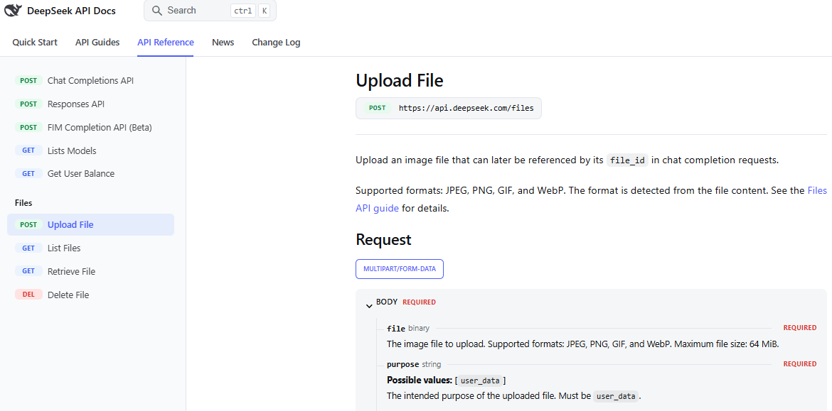 DeepSeek Files API documentation showing supported image formats, 64 MiB upload limit, and purpose user_data