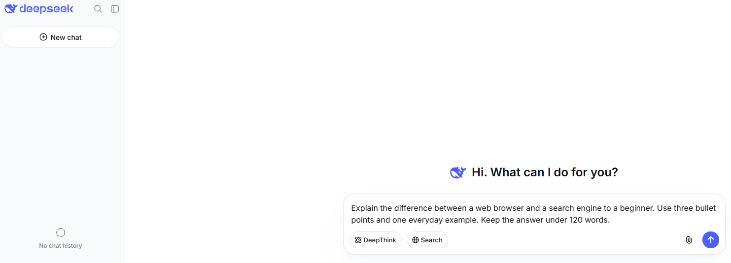 DeepSeek Chat interface showing a beginner-friendly prompt about web browsers and search engines before submission
