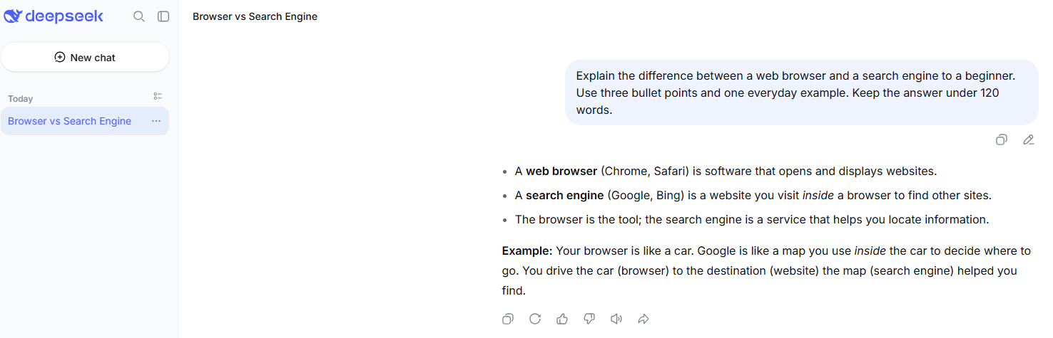DeepSeek Chat showing a clear answer explaining the difference between a web browser and a search engine
