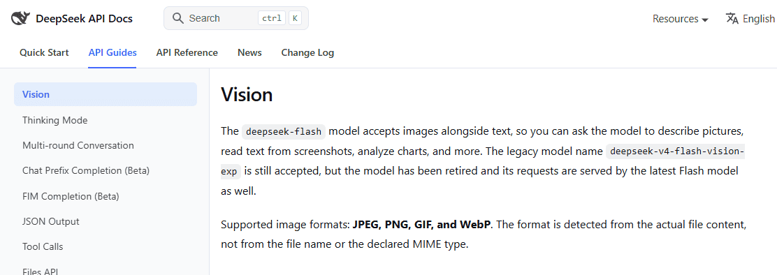 Official DeepSeek Vision API documentation showing image input support for the deepseek-flash model.