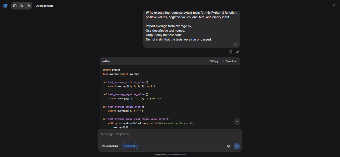 Python unit tests drafted in DeepSeek for an average function, including an empty-input error case.