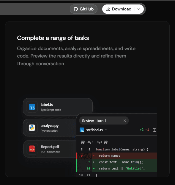 DeepSeek Harness website demo showing a TypeScript file diff in the code review preview.
