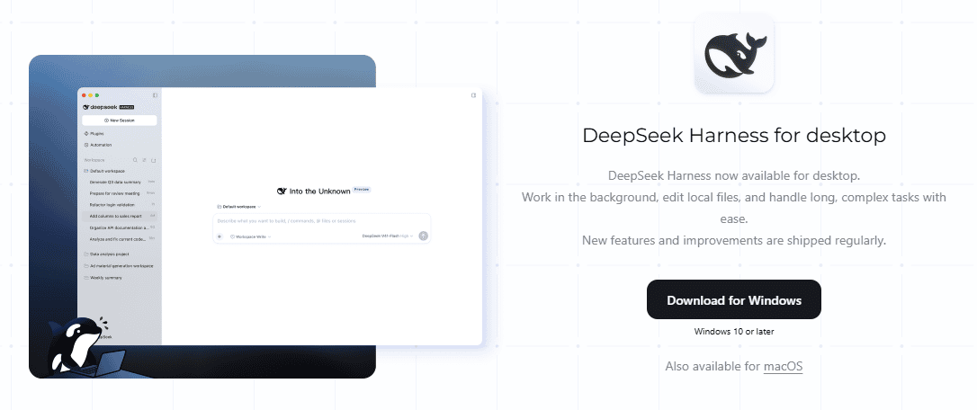 DeepSeek Harness download page showing Windows availability and Apple silicon requirements for macOS.