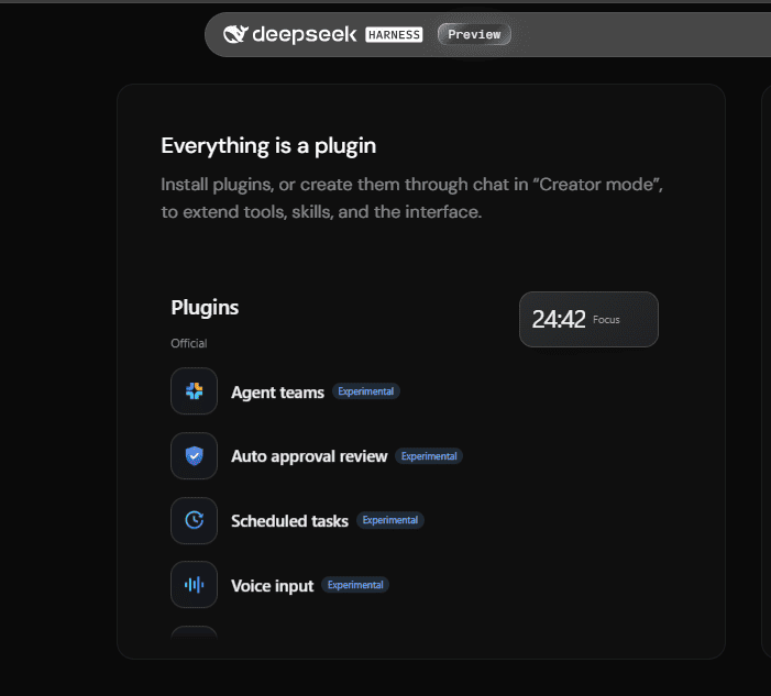 Official DeepSeek Harness plugin manager preview with the Add plugin button and plugin controls.