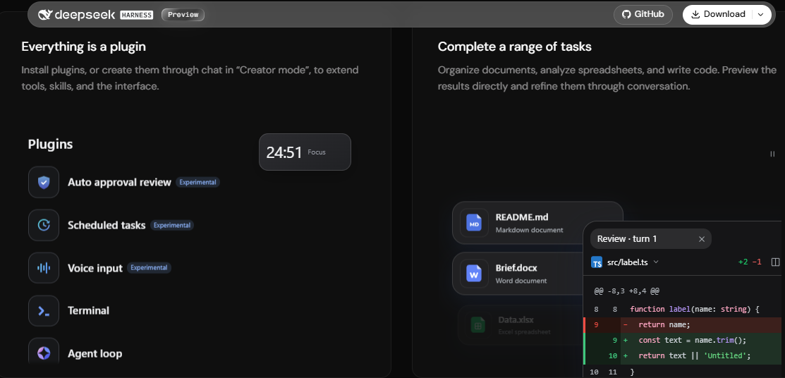 Official DeepSeek Harness page showing its plugin system, available plugins, and desktop task workflows