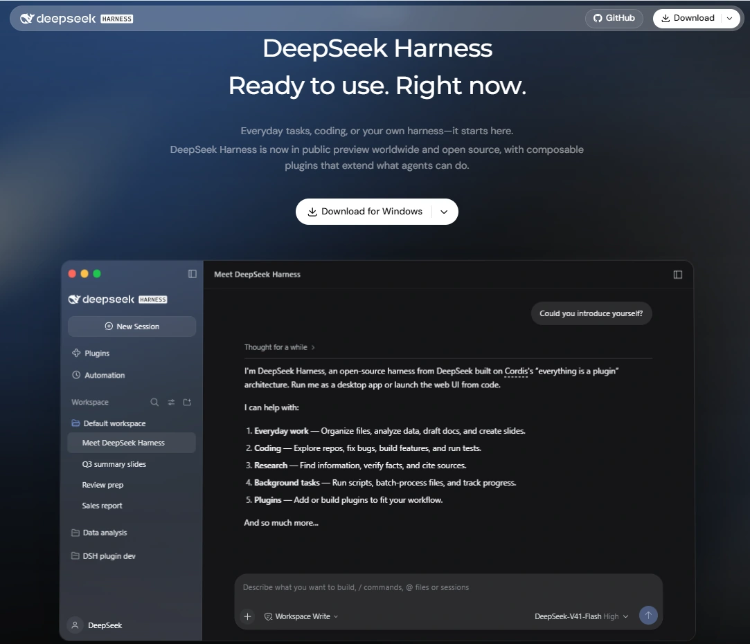 Official DeepSeek Harness page showing its public preview status, open-source description, and desktop interface
