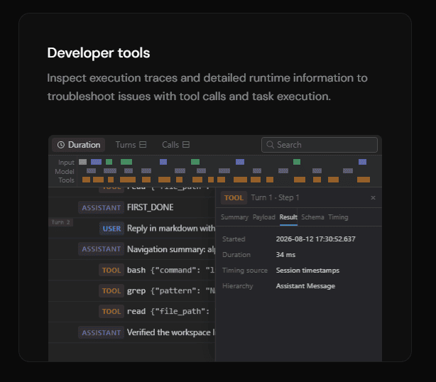 Official DeepSeek Harness trace preview showing tool calls and execution details.