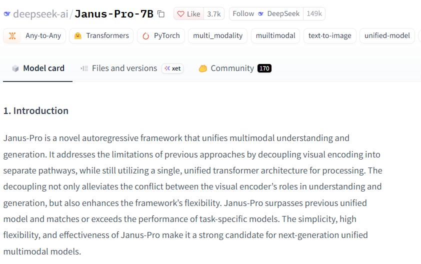DeepSeek Janus-Pro-7B model card describing multimodal understanding and image generation capabilities