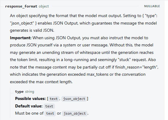 DeepSeek Chat Completions documentation showing the response_format setting for JSON Output and the prompt requirements.