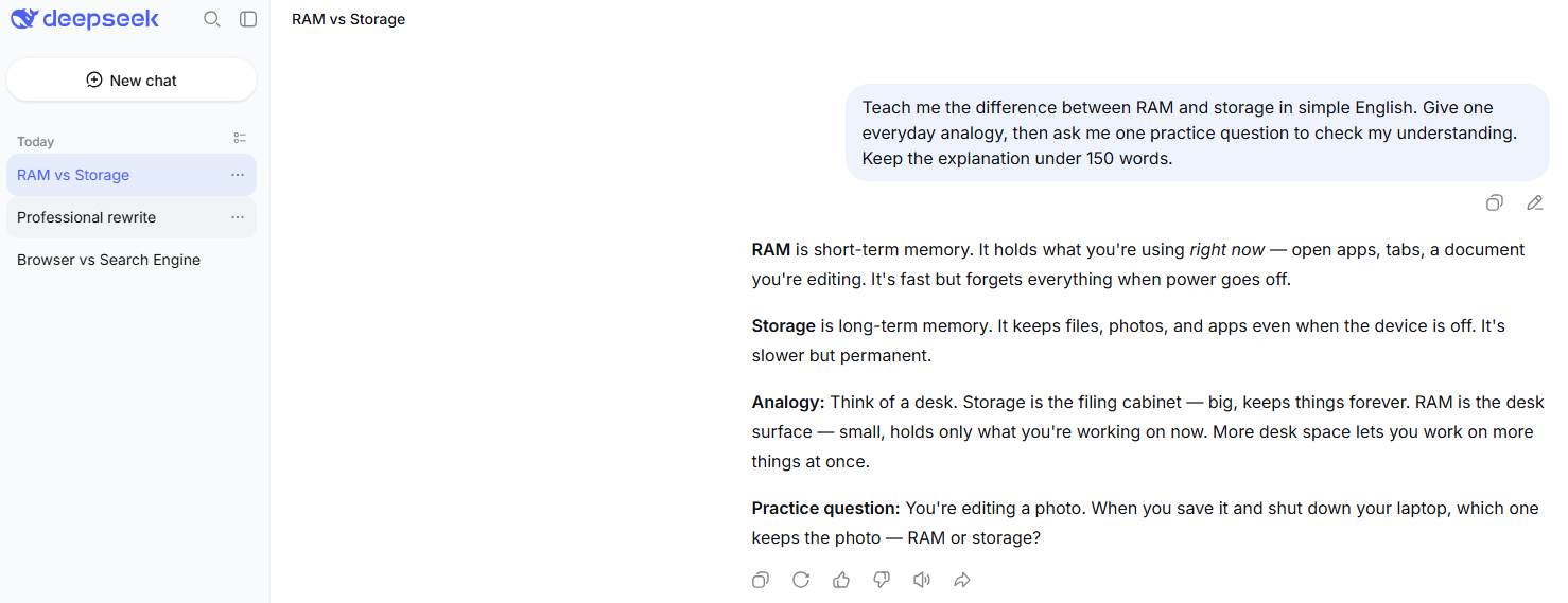 DeepSeek explaining RAM versus storage using an everyday analogy and a practice question