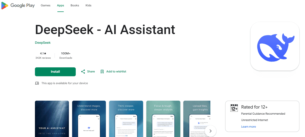 DeepSeek AI Assistant listing on Google Play showing DeepSeek as the publisher