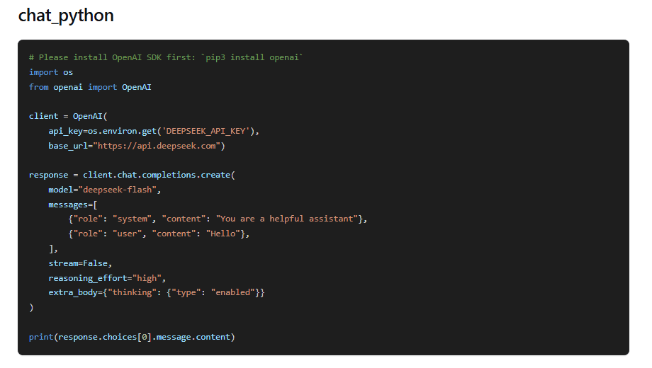 DeepSeek’s official Python example configuring the OpenAI SDK with a DeepSeek API key and base URL.