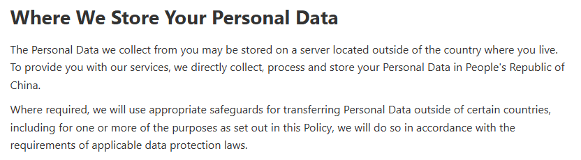 DeepSeek privacy policy stating that personal data is collected, processed, and stored in China