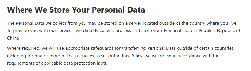 DeepSeek Privacy Policy section explaining where personal data is processed and stored.