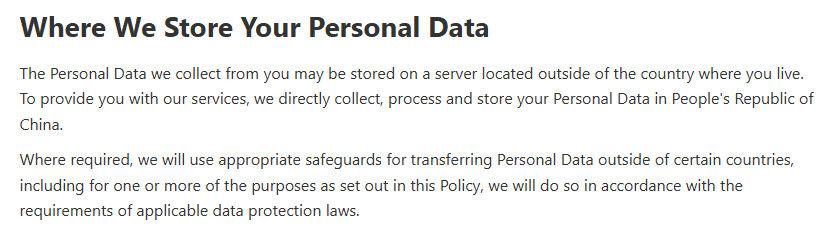 DeepSeek privacy policy section describing where personal data is stored.