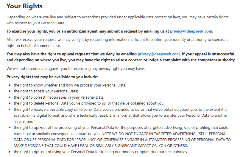 DeepSeek privacy policy listing a right to opt out of model training
