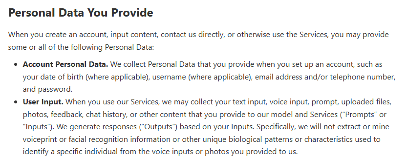 DeepSeek privacy policy listing prompts, uploaded files, photos, voice input, and chat history