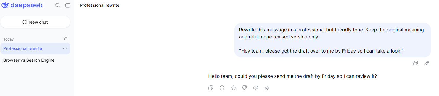 DeepSeek Chat rewriting an informal team message into professional and friendly English